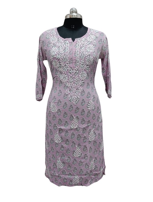 Stylish Printed Purple Modal Kurta with Lucknowi Chikankari Hand Embroidery