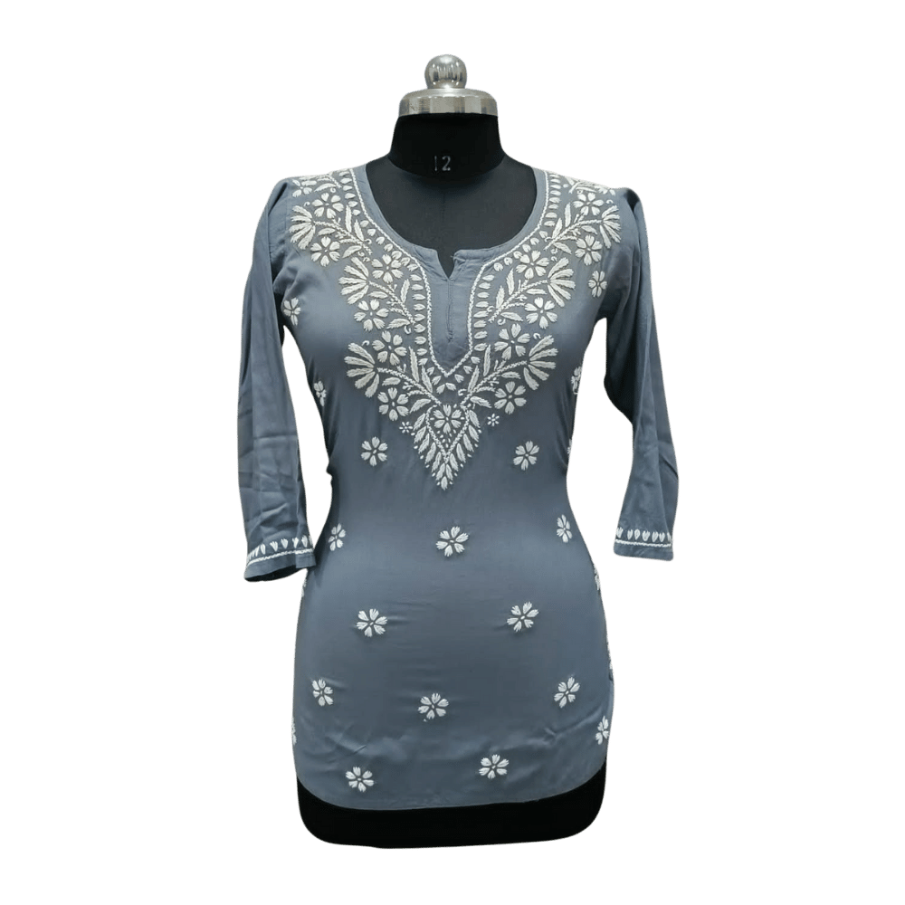 Stylish Rayon Short Top with Lucknowi Chikankari Hand Embroidery