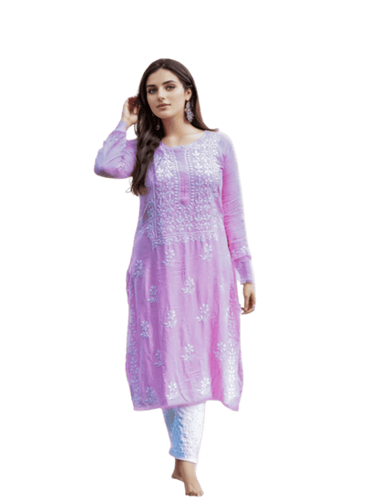 Lucknowi Chikankari Hand Embroidered Pink Long Rayon Kurta - Premium Style