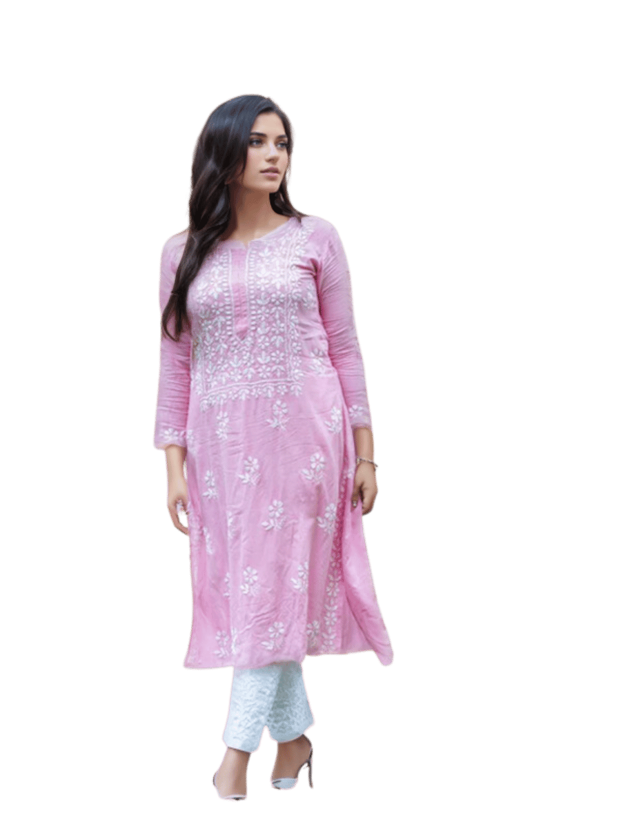 Lucknowi Chikankari Hand Embroidered Pink Long Rayon Kurta - Premium Style