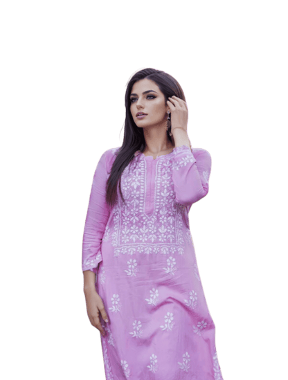 Lucknowi Chikankari Hand Embroidered Pink Long Rayon Kurta - Premium Style